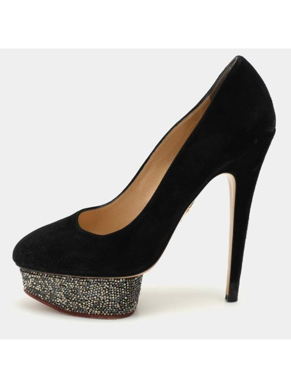 Charlotte Olympia Black Suede Dolly Platform Pumps With Metal Platform Size 38.5